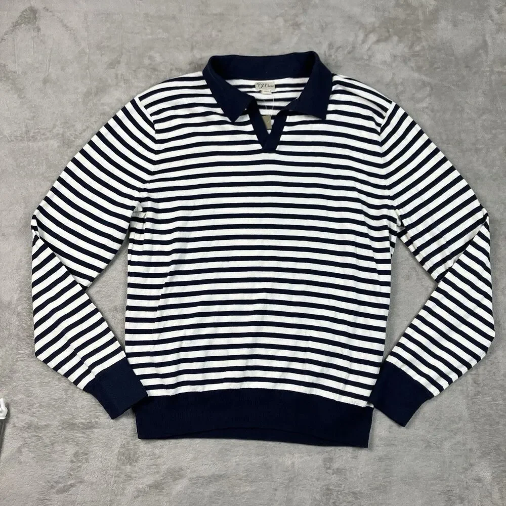 J Crew Johnny Collar Sweater Polo Mens M Navy White Stripe Cotton Long Sleeve